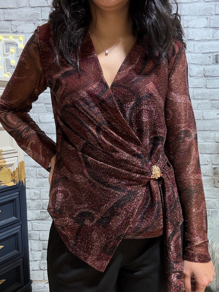 Cross Front Long Sleeve Print Top