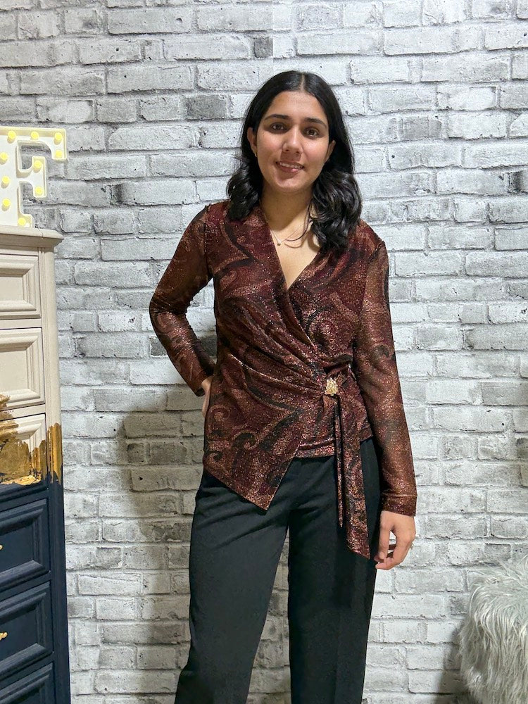 Cross Front Long Sleeve Print Top