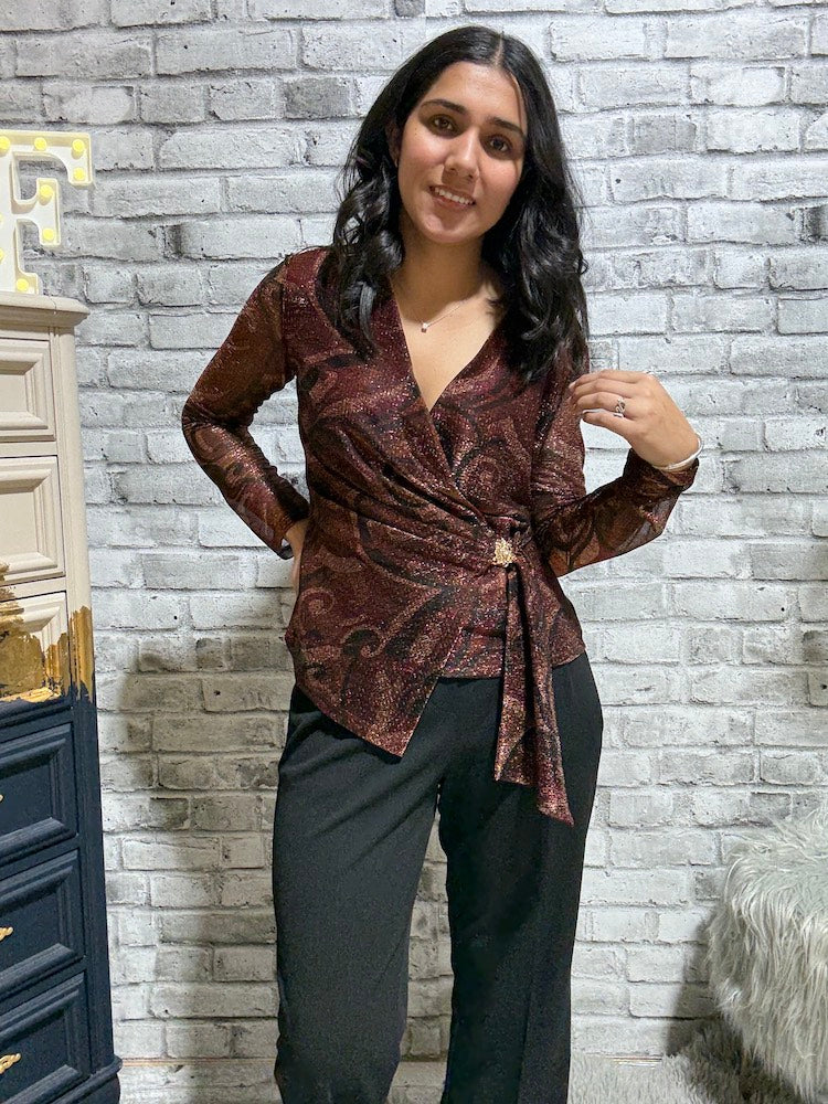 Cross Front Long Sleeve Print Top