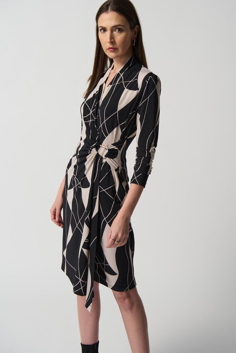 Joseph Ribkoff Style: 233104 black and beige abstract dress faux wrap dress detail side view
