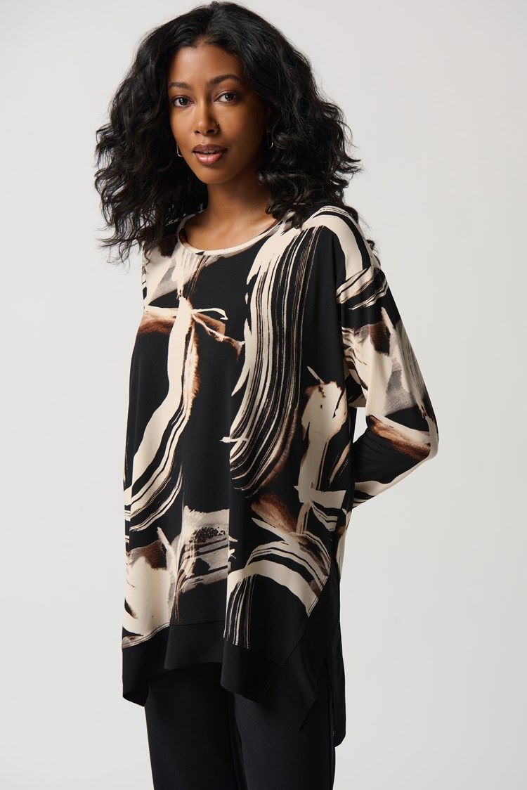 Joseph Ribkoff Style: 234141 brown abstract top with side slits