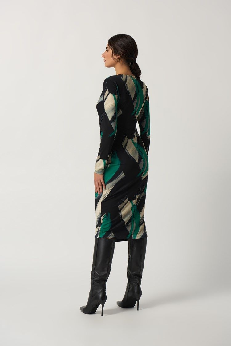 Joseph Ribkoff Style: 233127 green abstract faux wrap dress back view