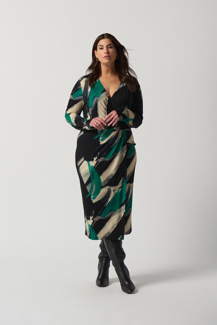 Joseph Ribkoff Style: 233127 green abstract faux wrap dress plus size