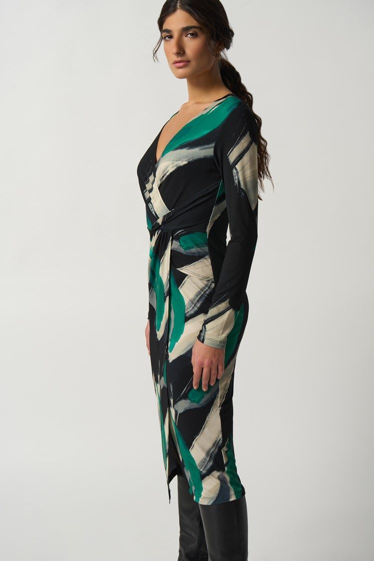 Joseph Ribkoff Style: 233127 green abstract faux wrap dress side view