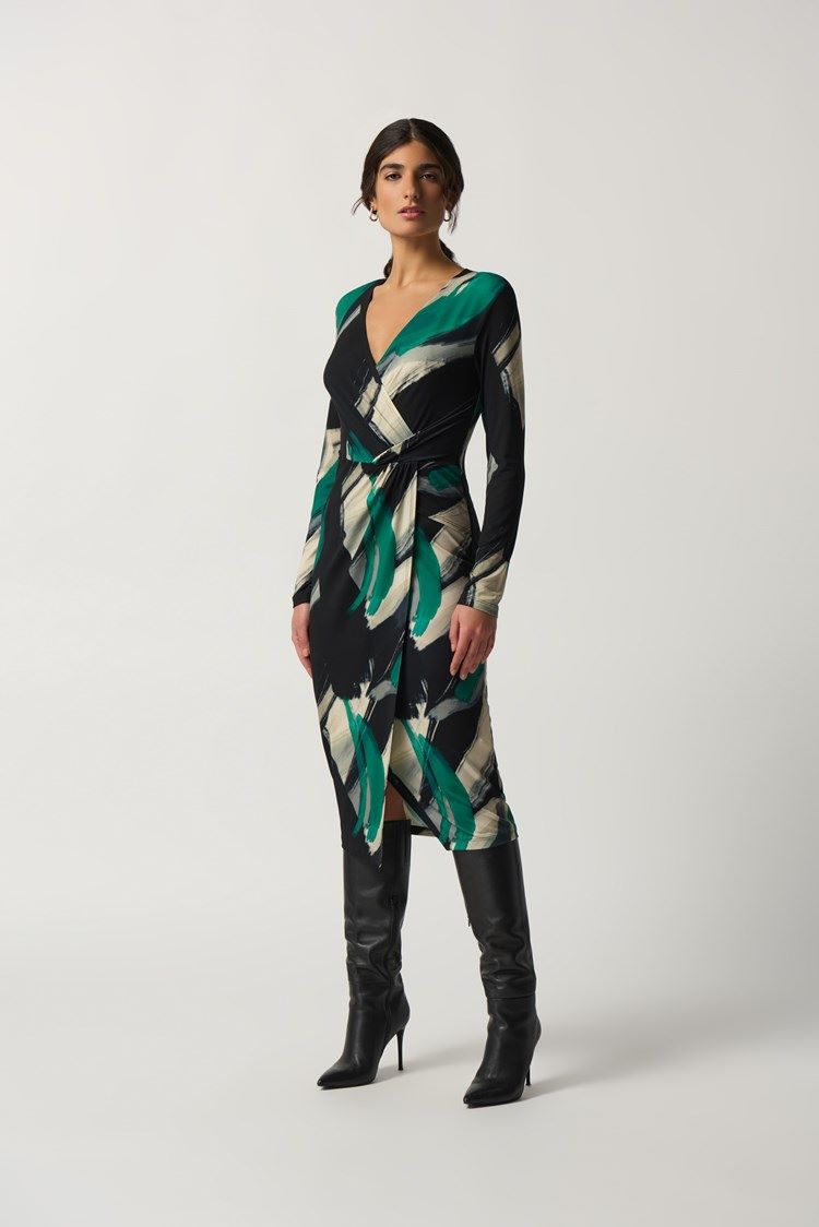 Joseph Ribkoff Style: 233127 green abstract print faux wrap dress