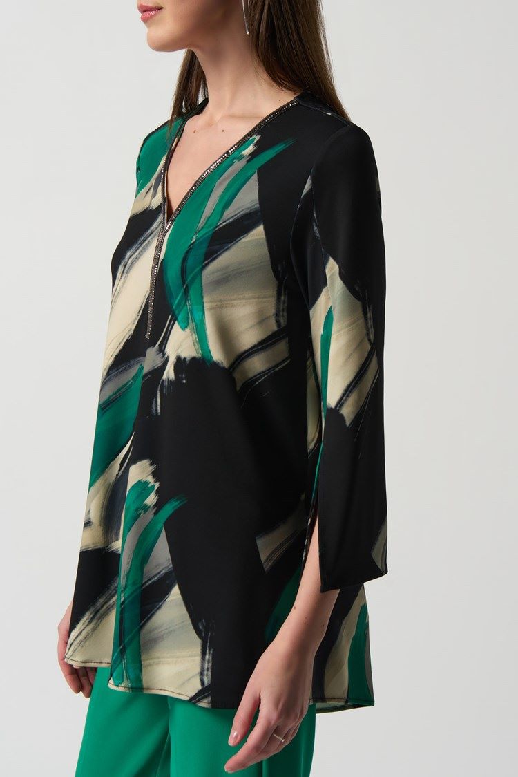 Joseph Ribkoff Style: 233178 green abstract top with slits in the sleeves