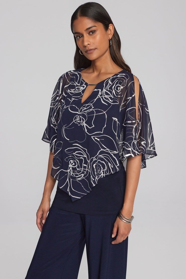 ﻿Joseph Ribkoff Style: 241783 Printed Keyhole Neck Top Midnight Front View