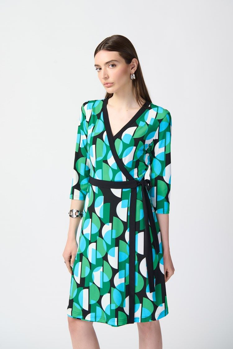 Joseph Ribkoff Style: 241211 Half-moon Print Wrap Dress front view