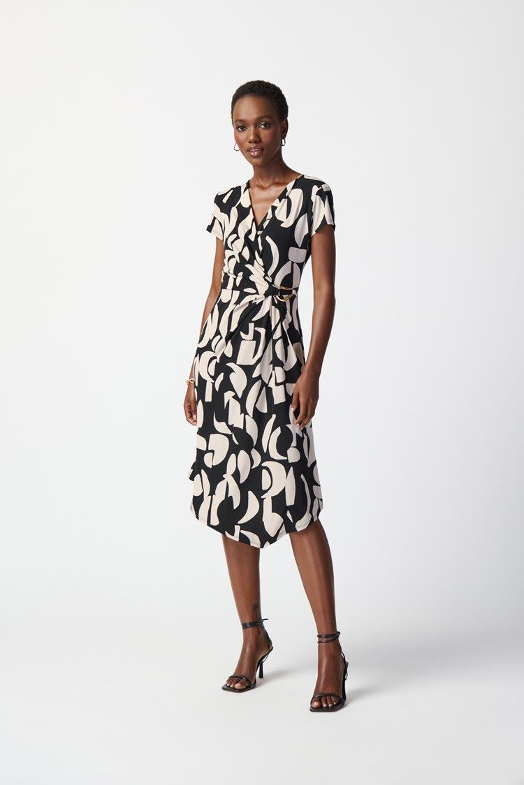 Joseph Ribkoff Style: 241029 abstract dress with a buckle faux wrap