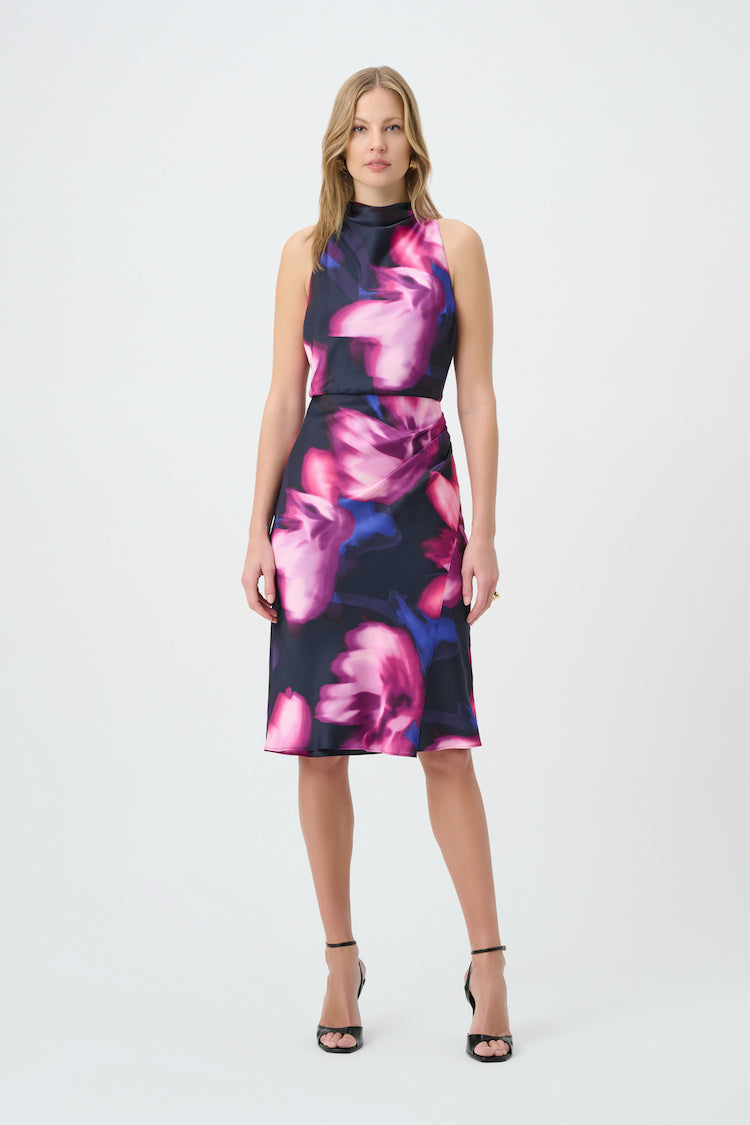 Joseph Ribkoff Floral Print Satin Halter Neck Dress
