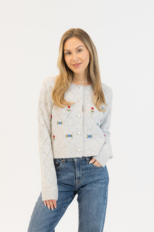 Lacey Rose Embroidery Button Front Sweater