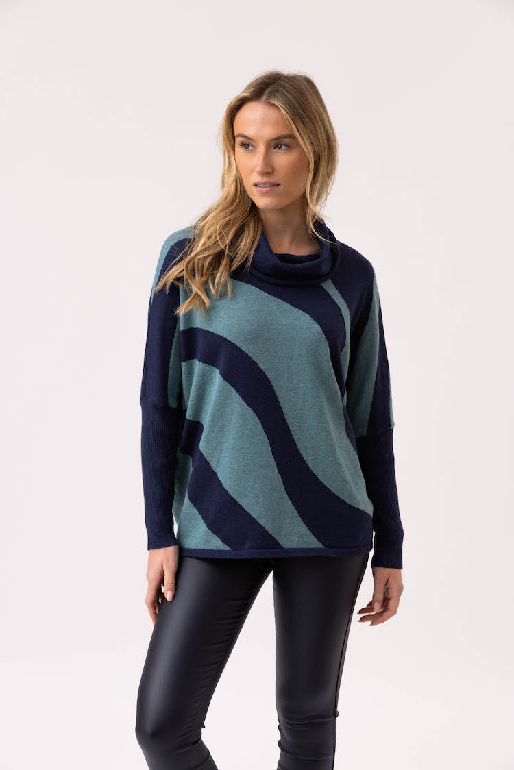 Stripe Cowl Neck Long Sleeve