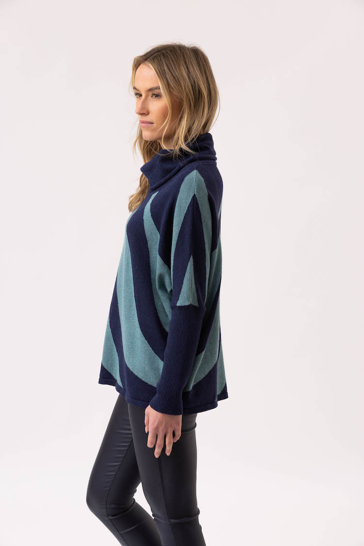 Stripe Cowl Neck Long Sleeve
