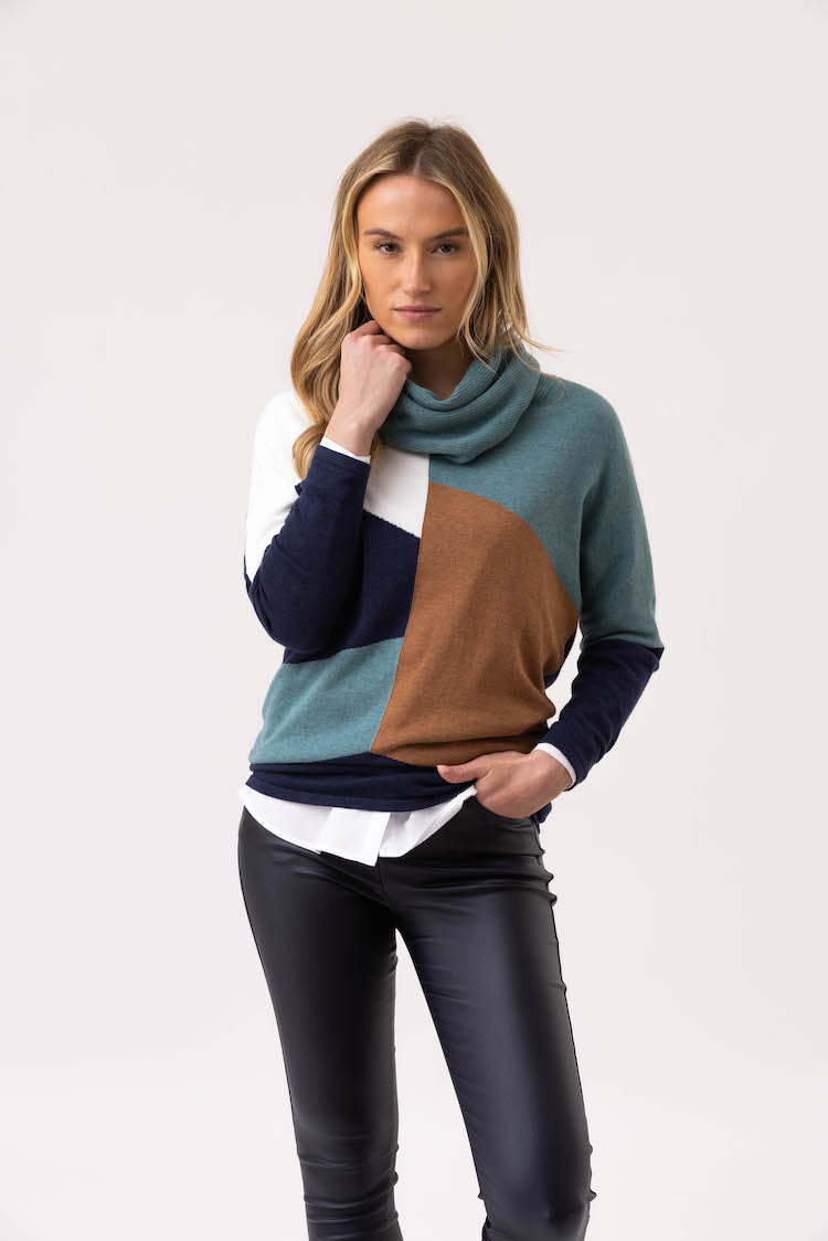 Cowl Neck Color Block Long Sleeve