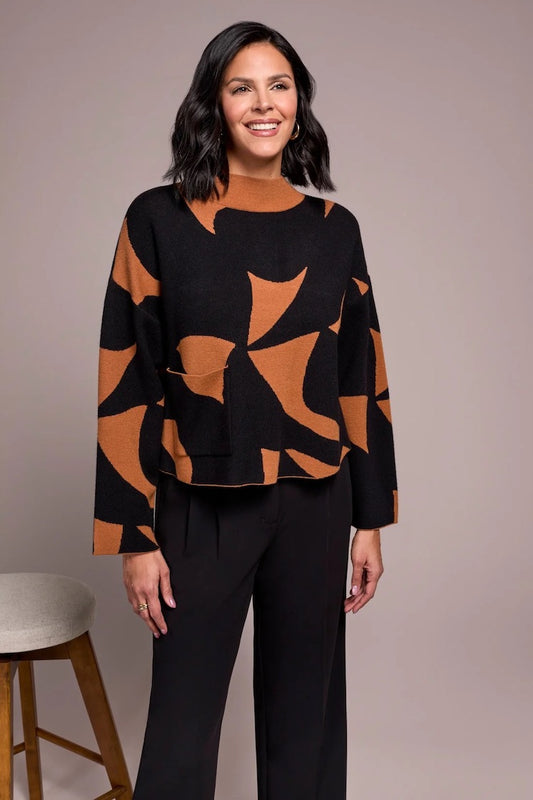 Oversized Mock Neck Abstract Print Sweater