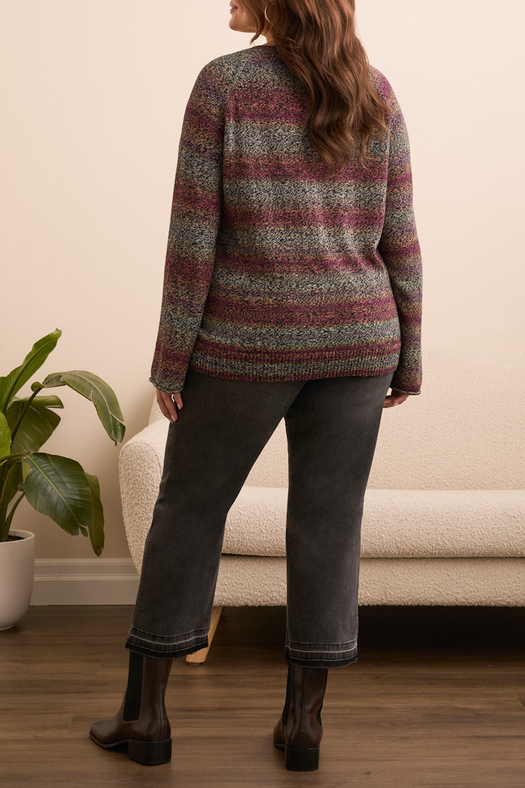 Size Inclusive Long Sleeve V-Neck Stripe Sweater