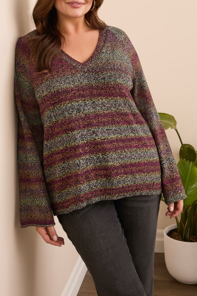 Size Inclusive Long Sleeve V-Neck Stripe Sweater