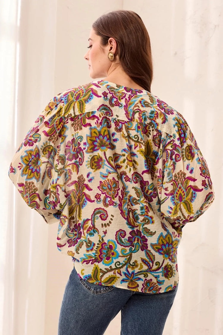 Tribal Flowy Dolman Sleeve Blouse With Self-Covering Buttons