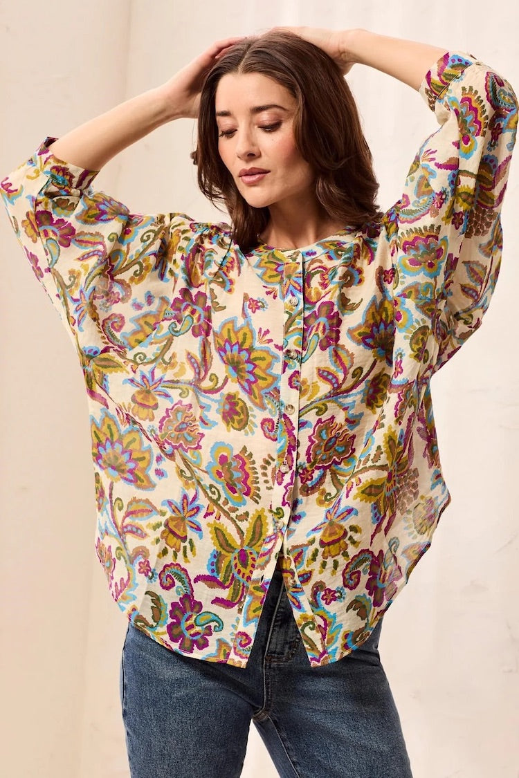 Tribal Flowy Dolman Sleeve Blouse With Self-Covering Buttons