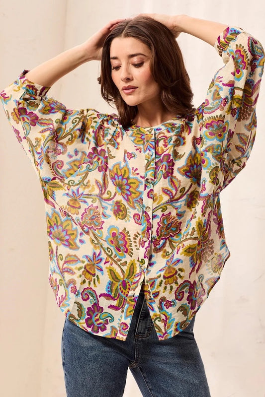 Tribal Flowy Dolman Sleeve Blouse With Self-Covering Buttons