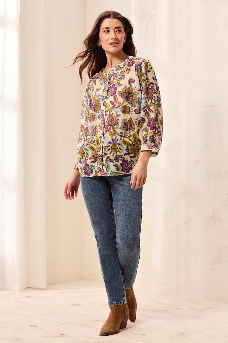 Tribal Flowy Dolman Sleeve Blouse With Self-Covering Buttons