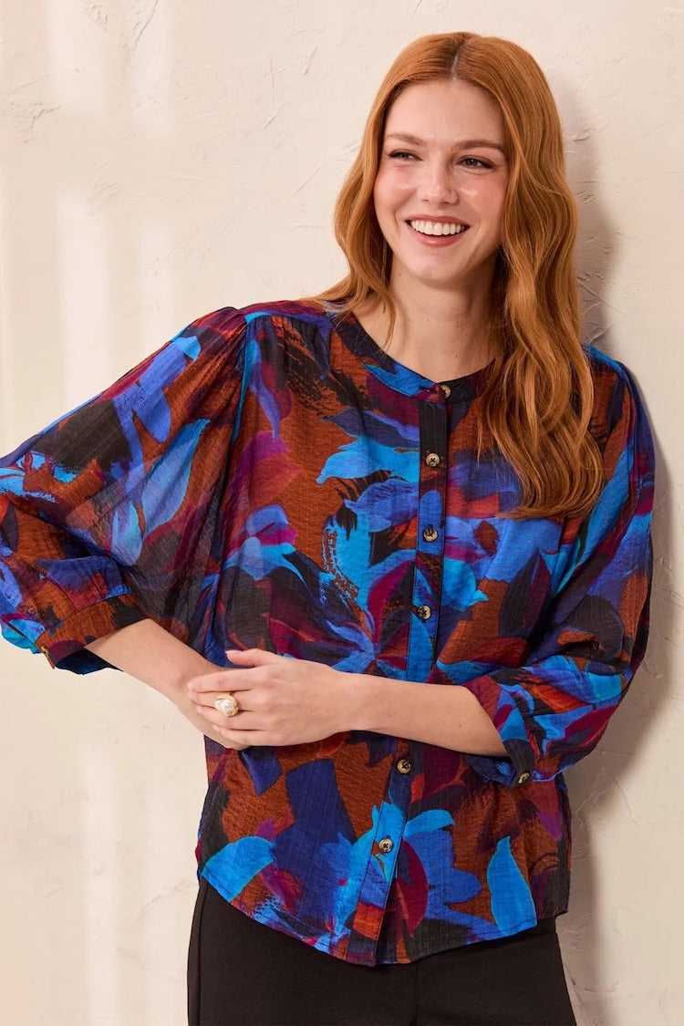 Tribal Flowy Dolman Sleeve Blouse With Self-Covering Buttons