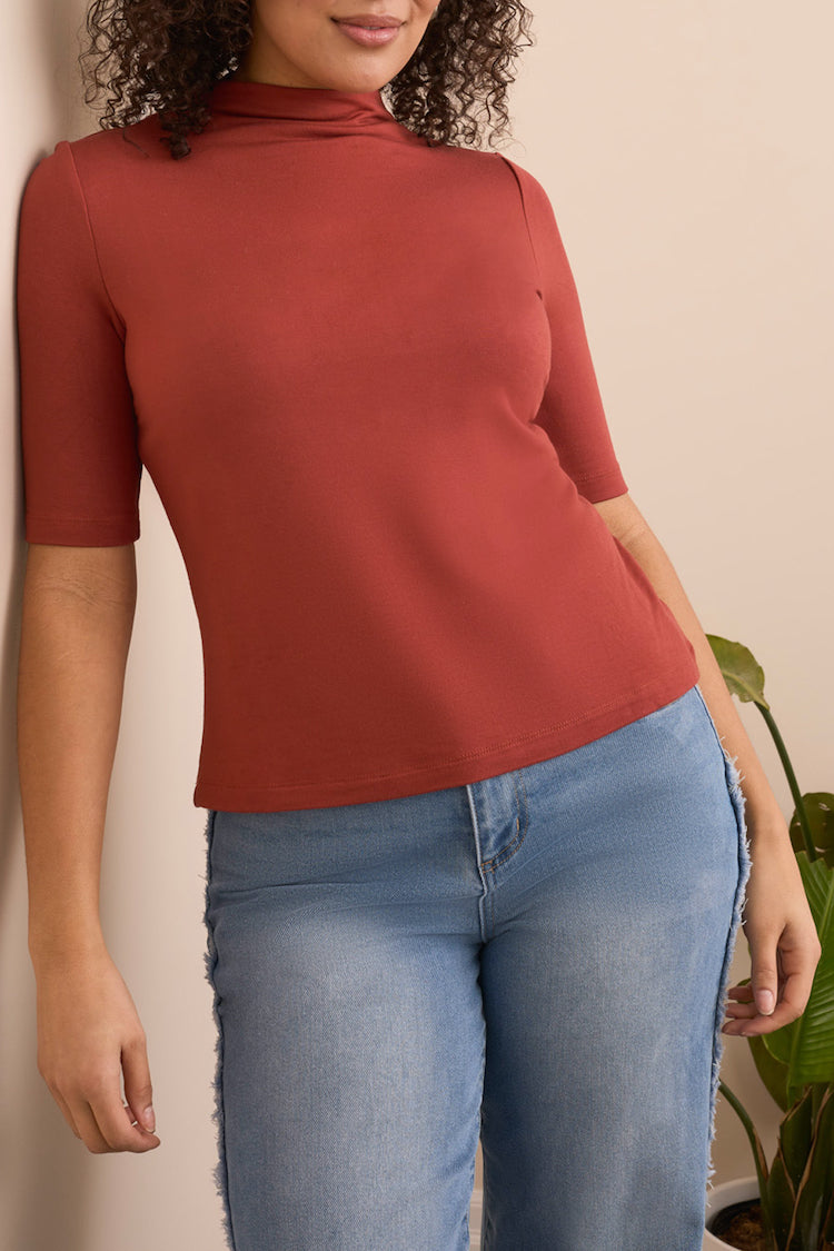Funnel Neck Elbow Sleeve Top