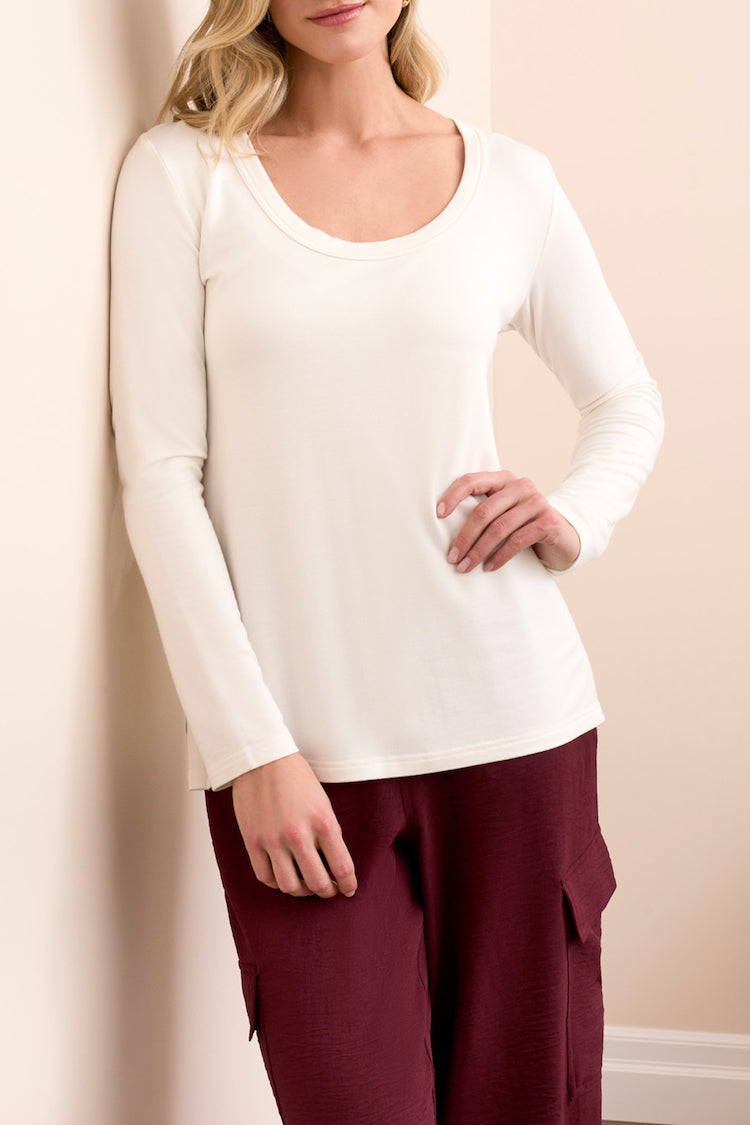 Scoop Neck Long Sleeve Top With Side Slits
