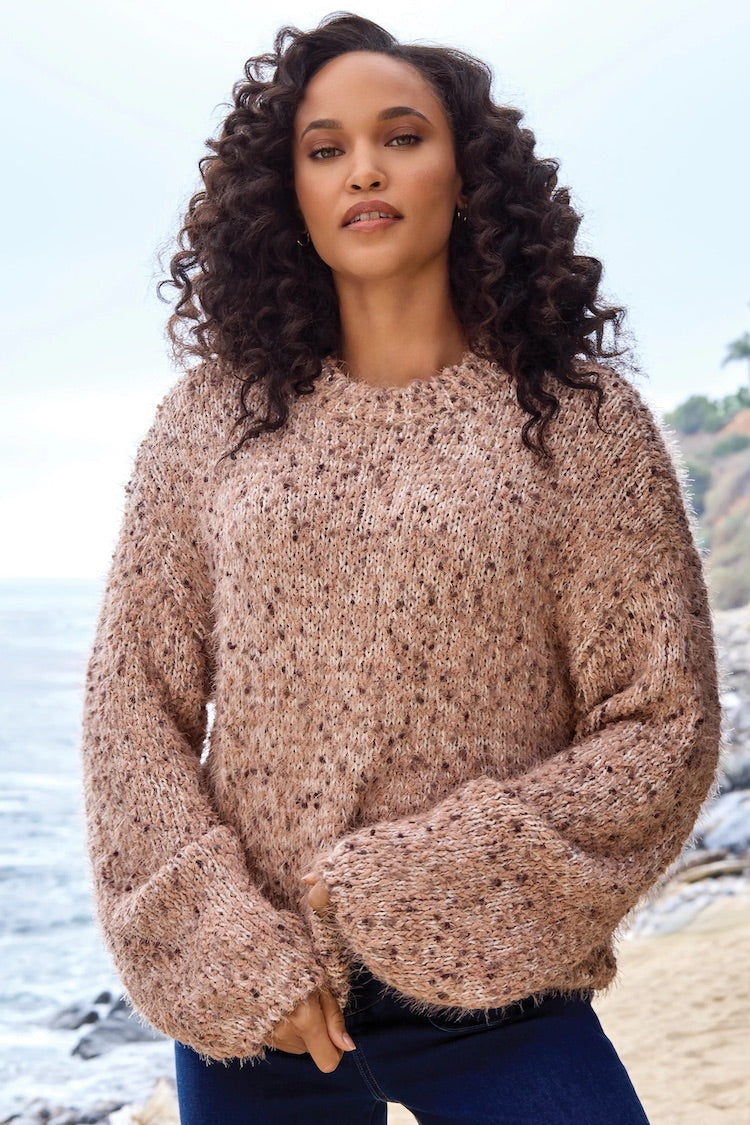 Fuzzy Eyelash Drop Shoudler Puff Sleeve Sweater