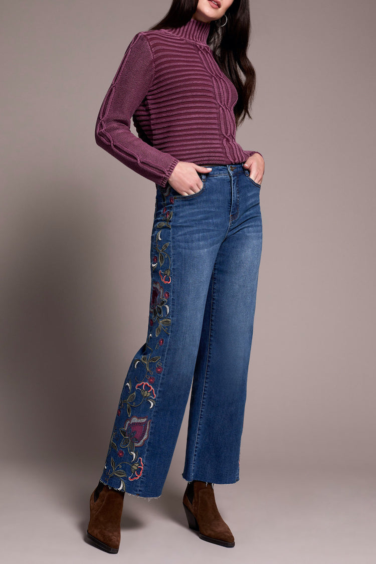 Embroidered Brooke Hugging Wide Leg Jeans