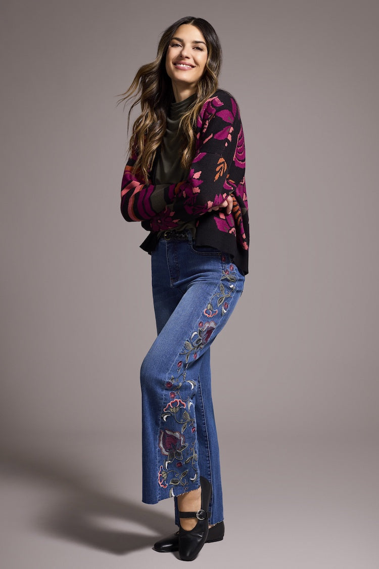 Embroidered Brooke Hugging Wide Leg Jeans