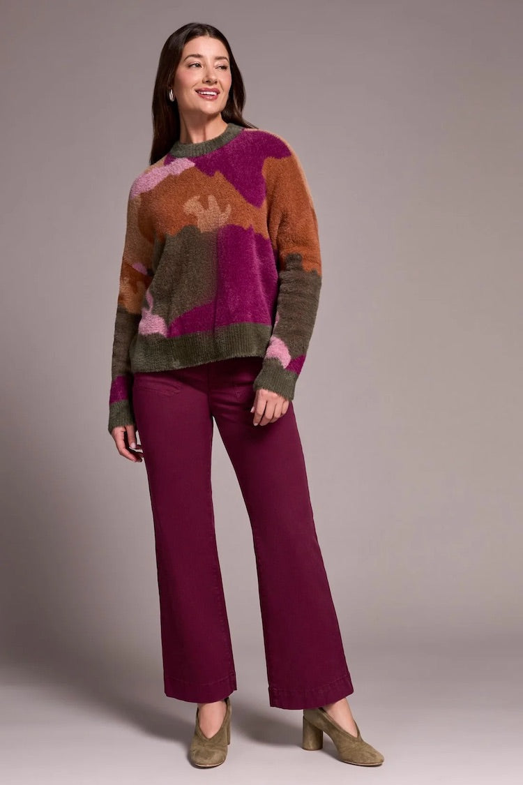 Fuzzy Intarsia Crew Neck Sweater