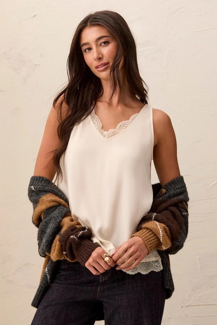 Tribal Satin Feel V-Neck Cami With Lace Trim