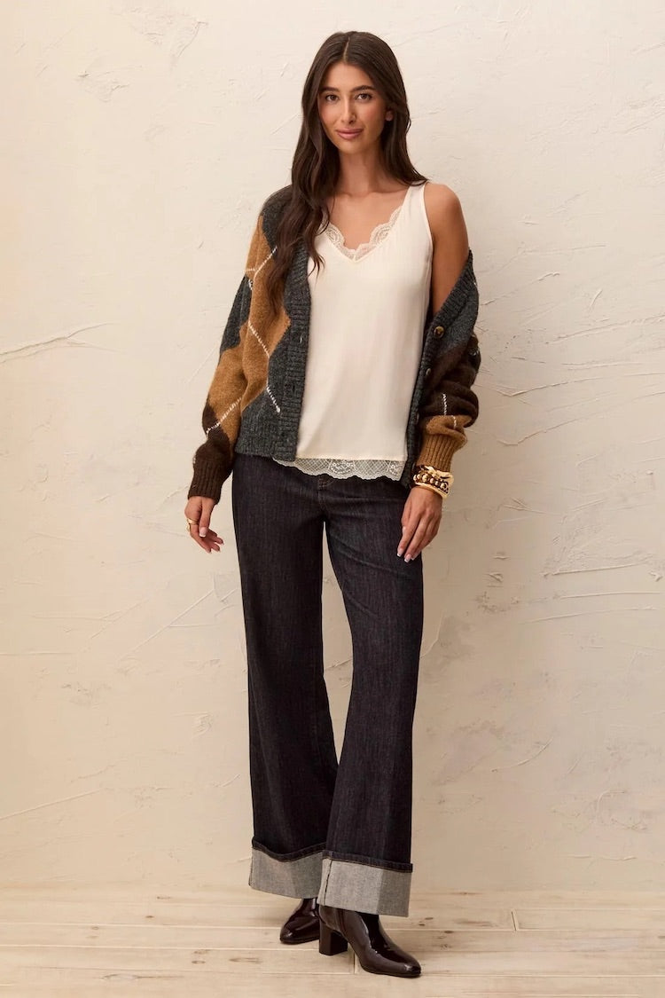Tribal Satin Feel V-Neck Cami With Lace Trim