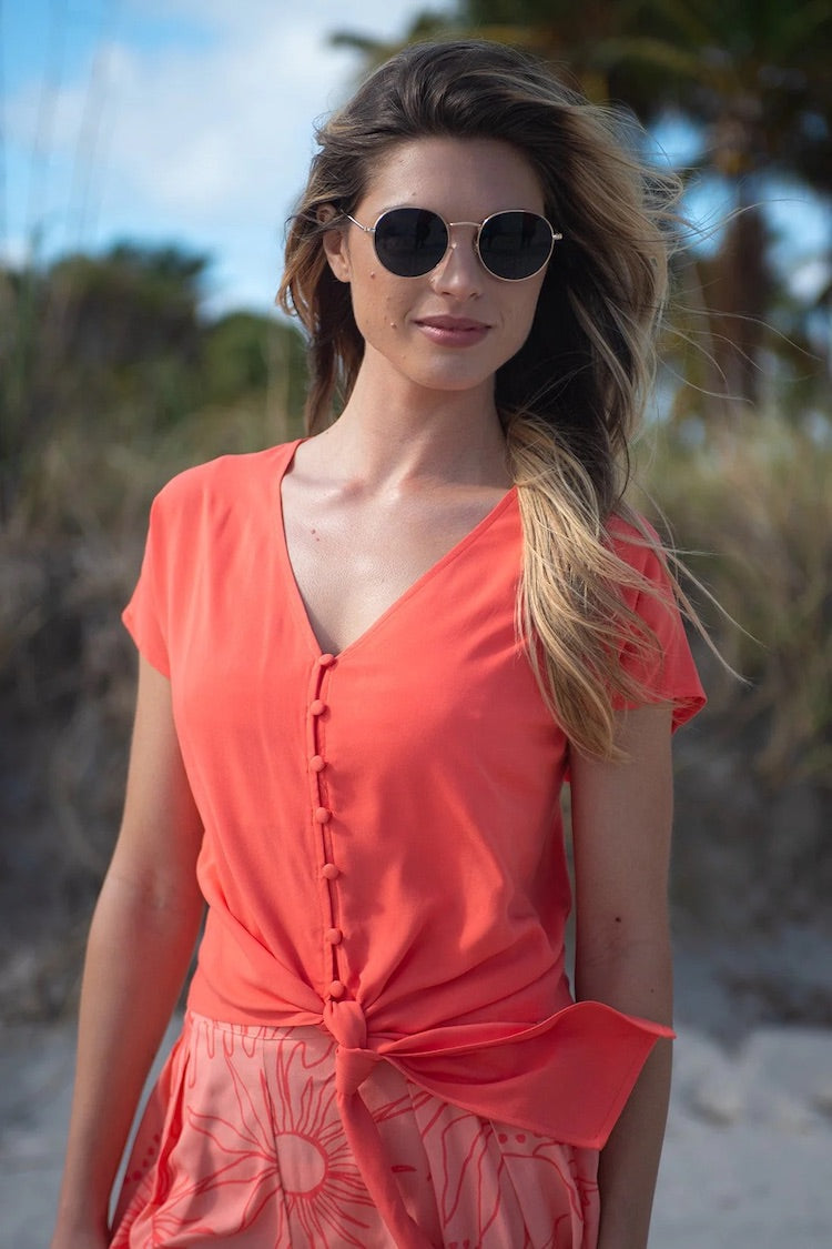 Solid Tie-Hem Button-Front Blouse