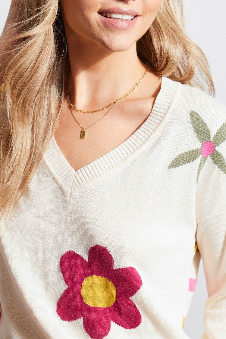 Flower And Stripe V-Neck Sweater