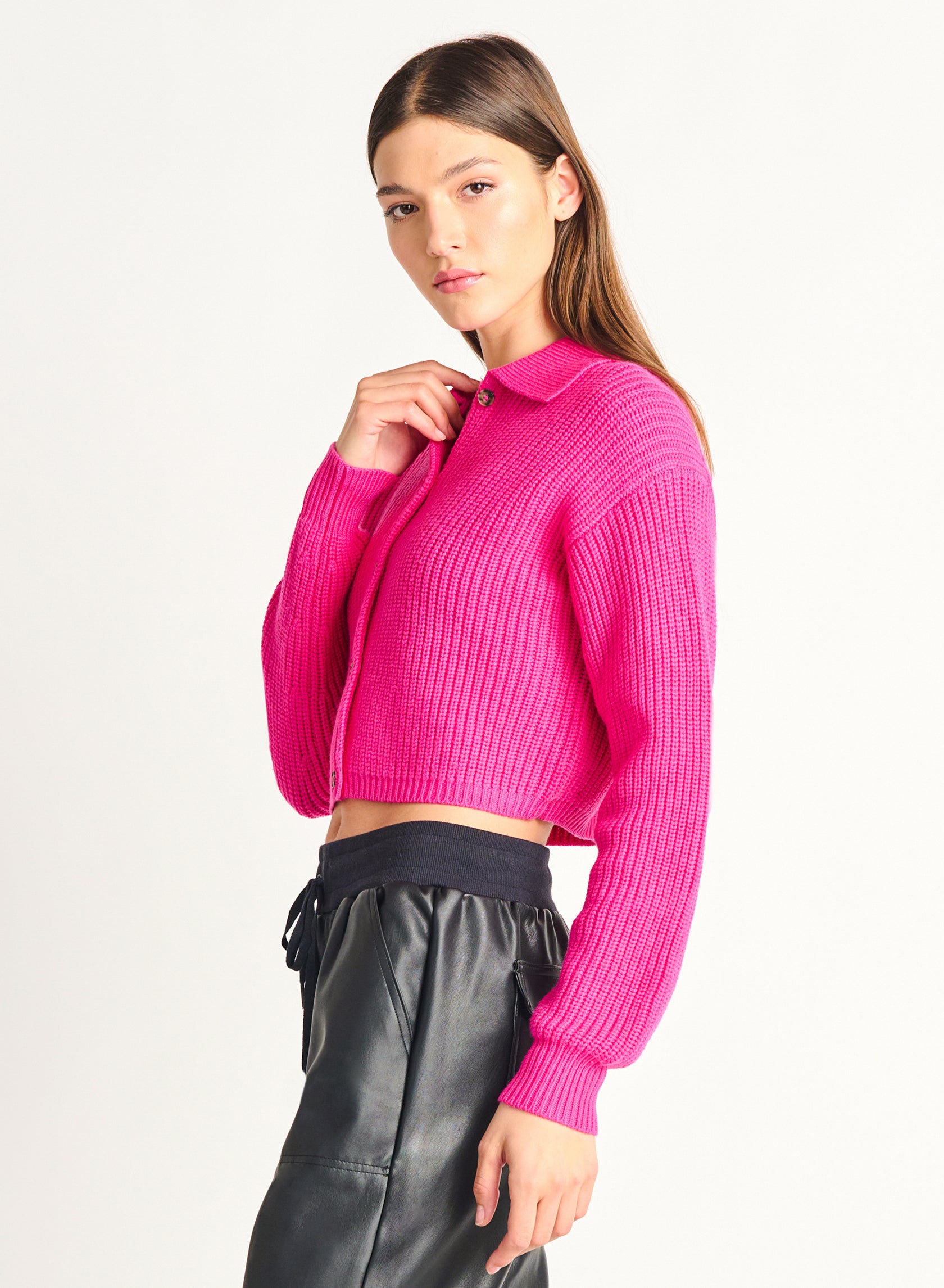 Hot Pink Button Front Cardigan with Pleather joggers - dex - Alberta Boutique-