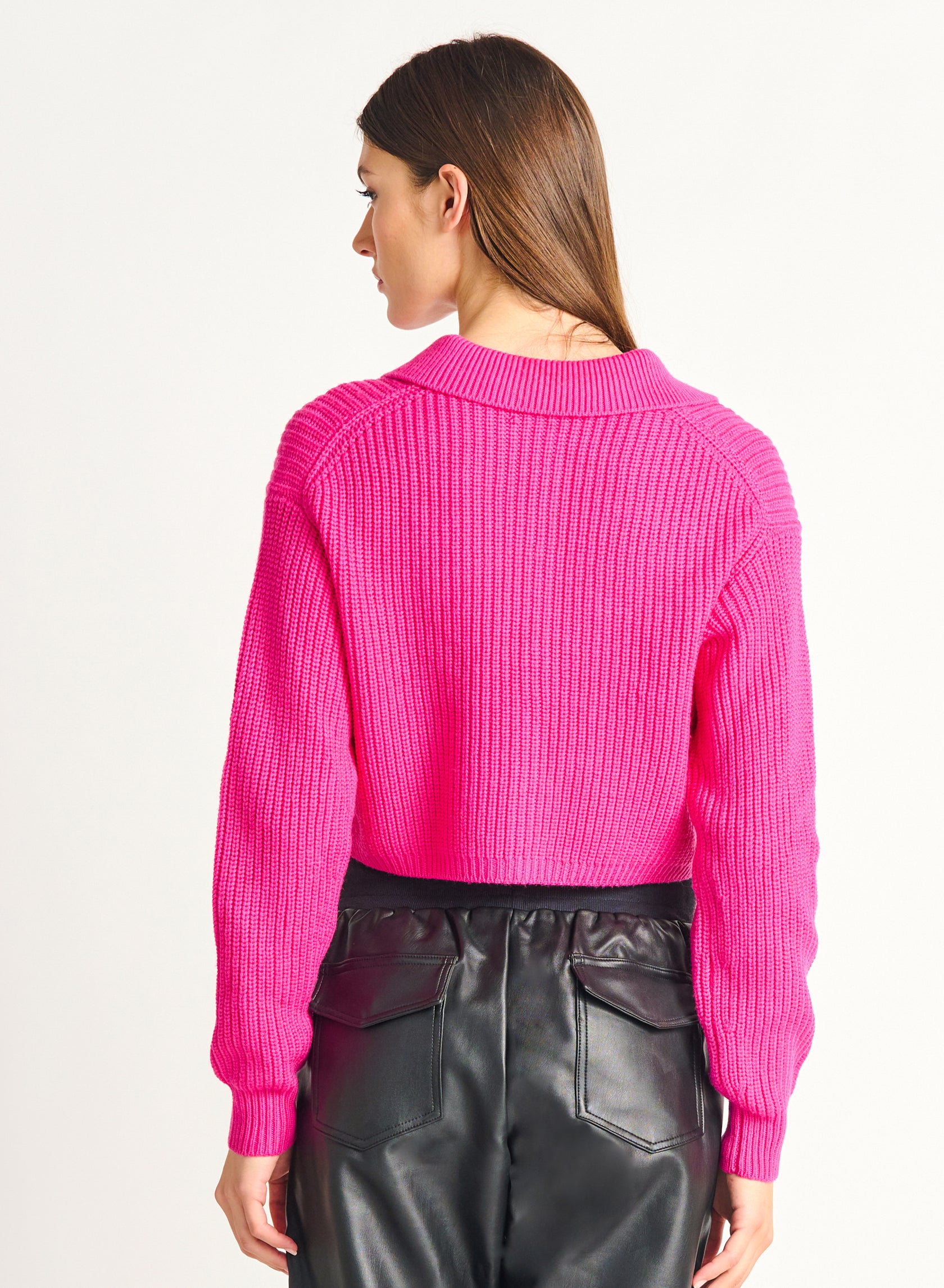 Hot Pink Button Front Cardigan with Pleather joggers - dex - Alberta Boutique-