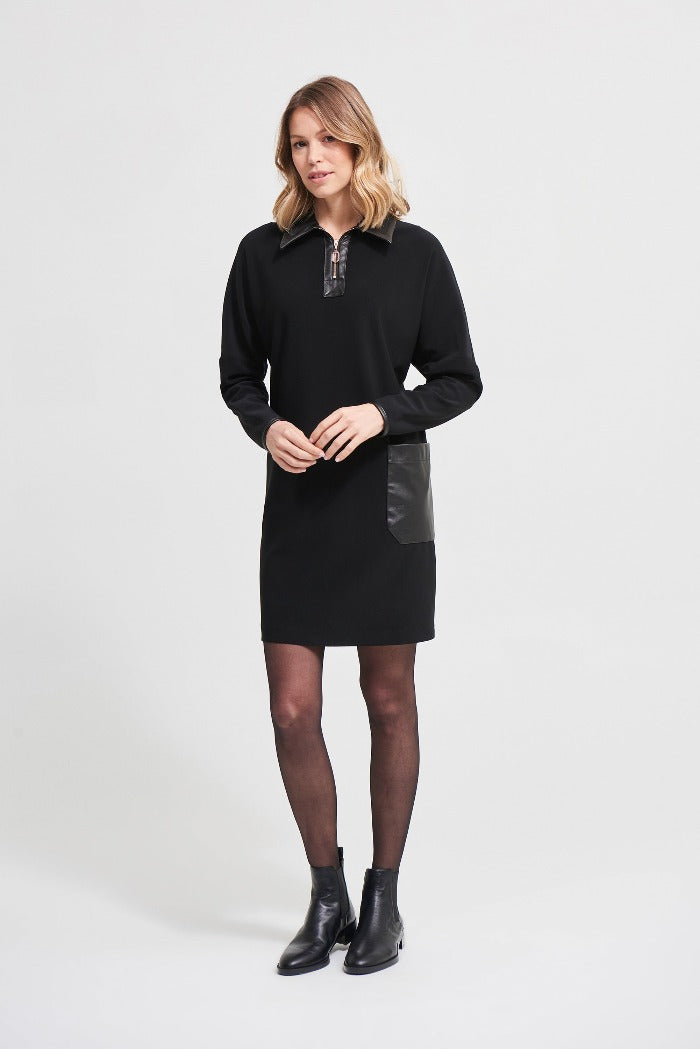 Joseph Ribkoff Zip Collar Pocket Dress  Refined and comfortable, this Joseph Ribkoff Zip Collar Pocket Dress features an exquisite gold half zip collar with edgy pleather detailing, pleather side pocket and trimmed sleeve. An elegant choice for going out for dinner or an intimate gathering at home.