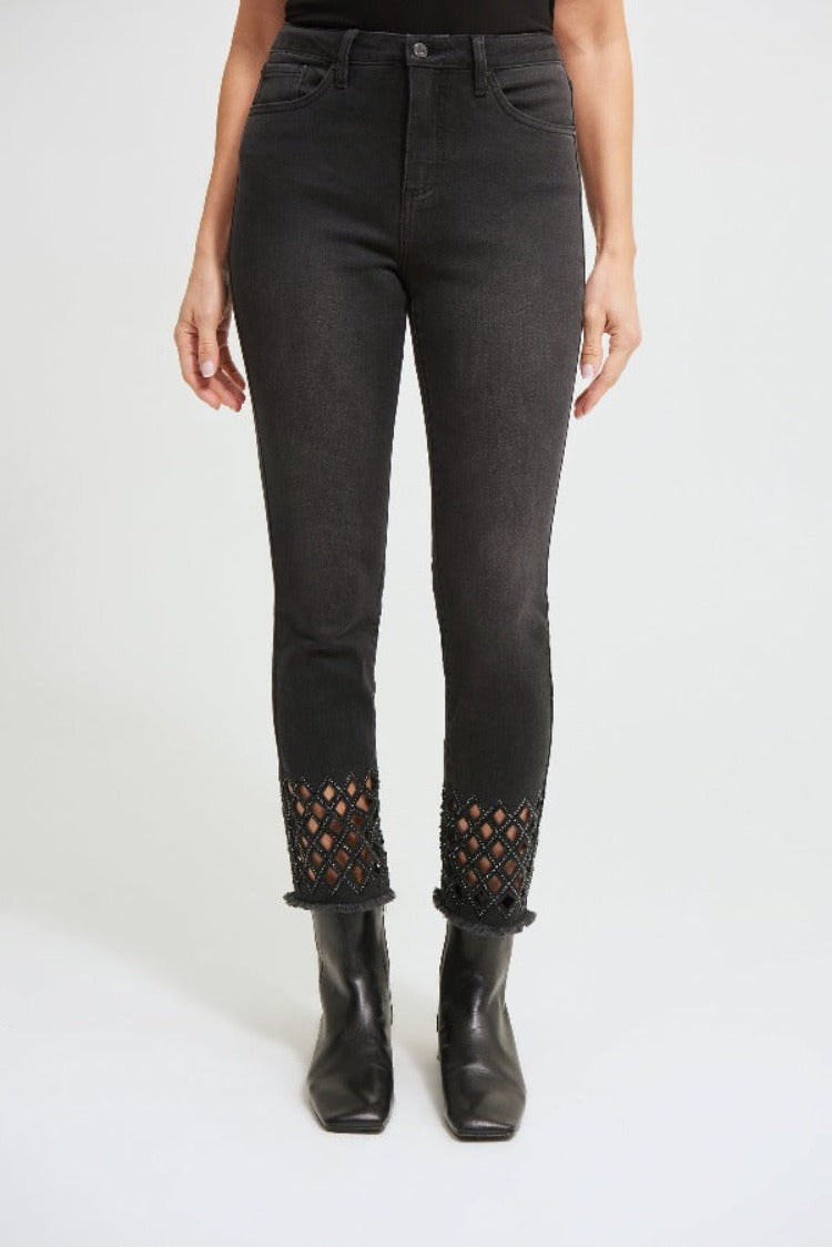 These Joseph Ribkoff Diamond Cut Jeans are truly a cut above the rest! Featuring a unique diamond cut pattern with eye-catching rhinestones, you will find them perfect for showing off your favourite boots. 