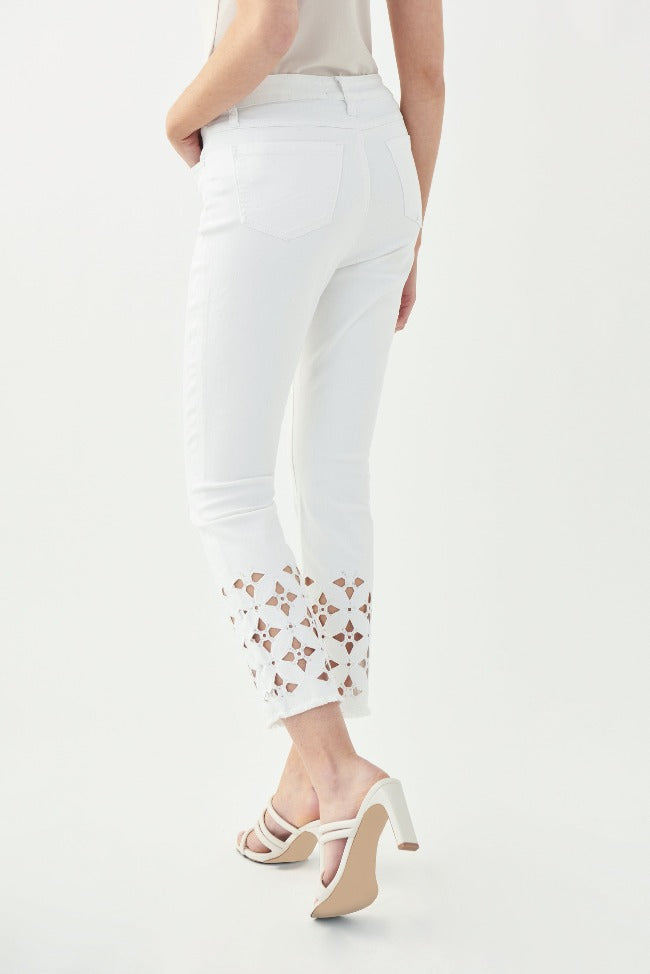 Add some spring to your step with these Joseph Ribkoff Floral Cutout Pants! These cropped pants are cut in the traditional 5-pocket denim style with a fun surprise - stunning floral cutouts with rhinestones! Lovely paired with strappy sandals.