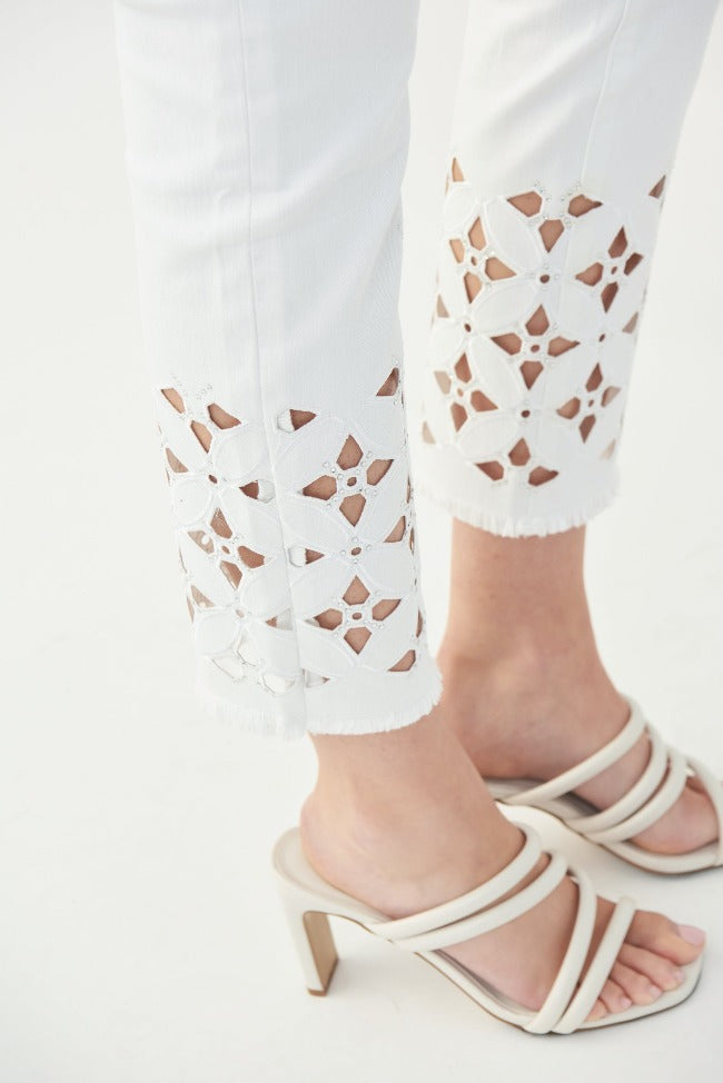 Add some spring to your step with these Joseph Ribkoff Floral Cutout Pants! These cropped pants are cut in the traditional 5-pocket denim style with a fun surprise - stunning floral cutouts with rhinestones! Lovely paired with strappy sandals.