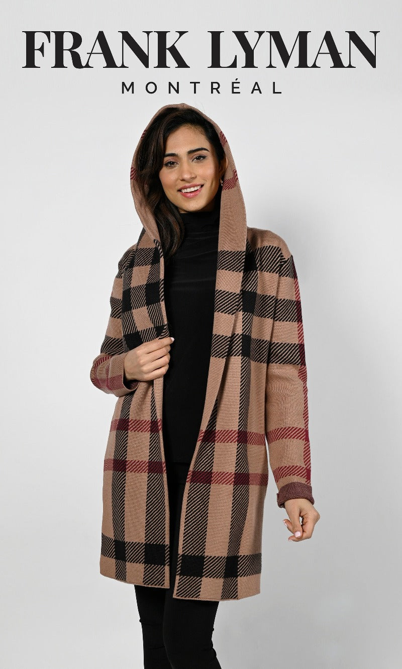This Frank Lyman Hooded Duster is a great piece to complete your favourite fall outfit. With an open front, cozy hooded design and chic plaid print, this is soft, easy to wear and a beautiful compliment to your sweater collection.
