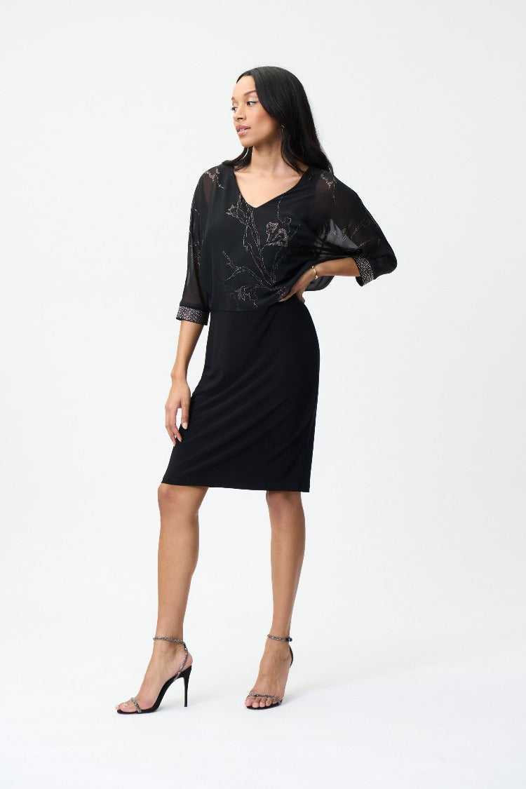 With a style of simple elegance this Joseph Ribkoff Floral Detail Dress is a perfect choice for your special occasion. Featuring a beautiful silhouette and floral overlay with crystal detail on the cuffs makes this a favourite you will wear over again. 