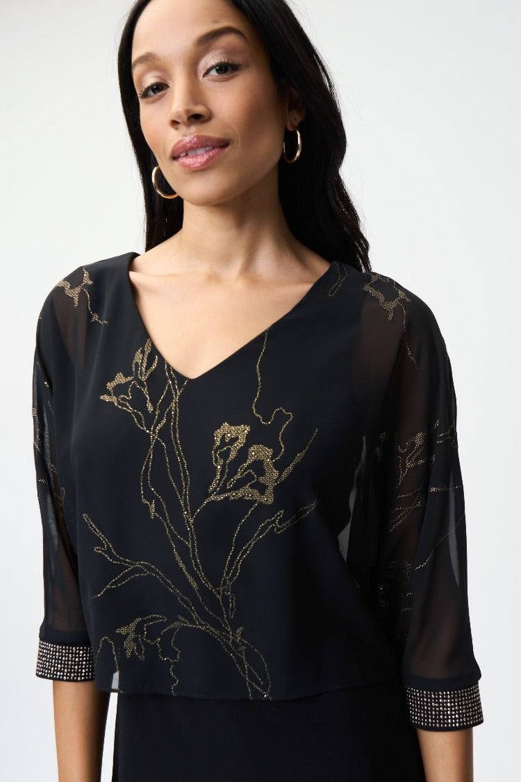With a style of simple elegance this Joseph Ribkoff Floral Detail Dress is a perfect choice for your special occasion. Featuring a beautiful silhouette and floral overlay with crystal detail on the cuffs makes this a favourite you will wear over again. 