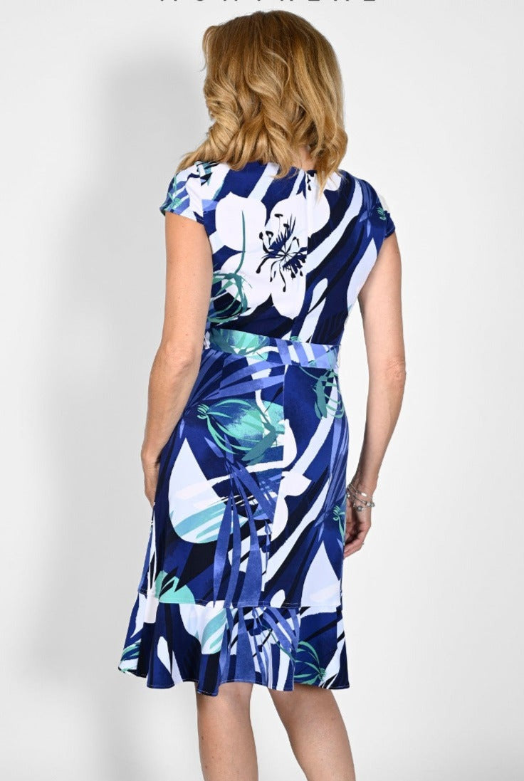 Frank Lyman Waterfall Floral Dress  We're obsessed with this dress! So classy and a print that we are so excited for. A Waterfall ruffle makes this a slightly fuller skirt that moves with you all day. Modest cap sleeve and adjustable tie that makes this dress fit uniquely you.  Hand wash cold water (as per garment tag) 95% polyester 5% elastane. For best fit please refer to this size guide.  Style: 231238
