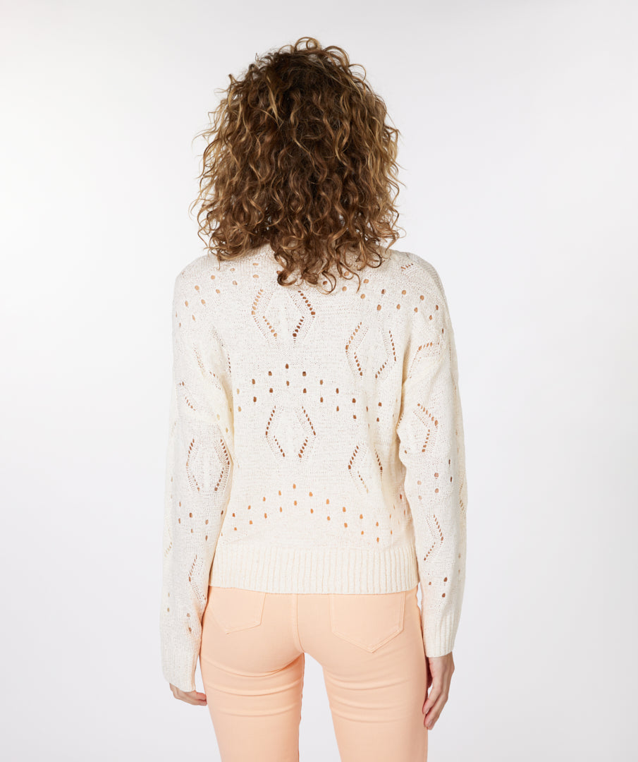 Esqualo V-Neck Sweater  The Esqualo V-Neck Sweater is a beautiful openwork pattern that is a great addition to your style choices. With it's long sleeves and v-neckline it is a piece that you can wear with a cute summer pant or a favourite jean.