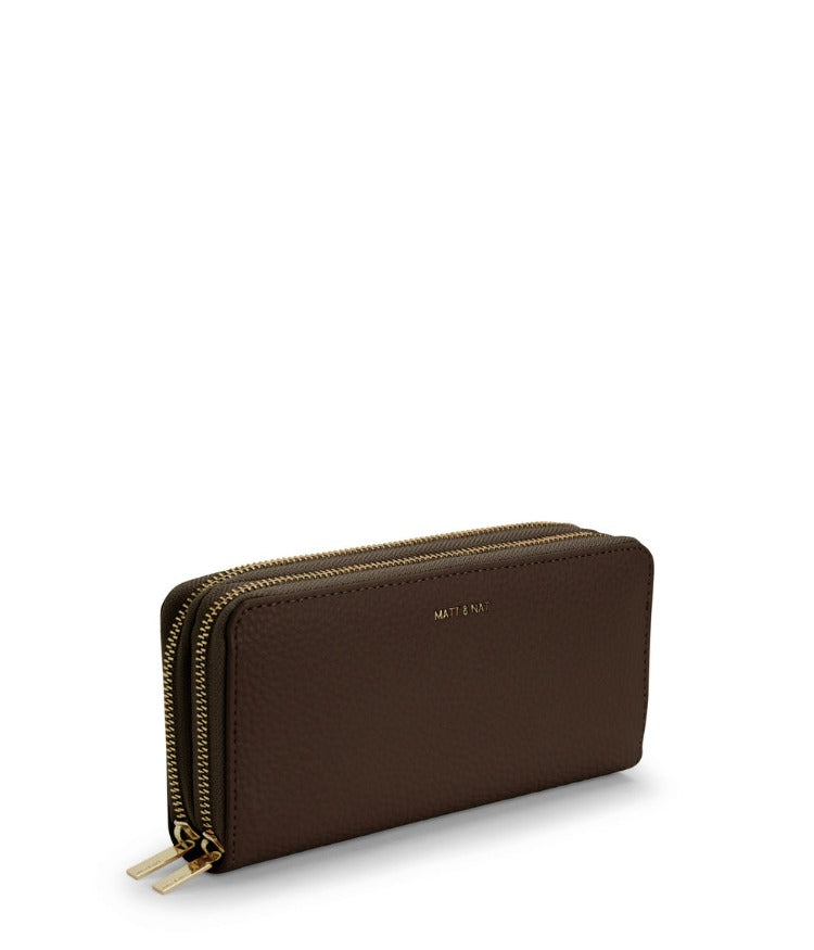 Matt & Nat SUBLIME Purity Wallet has a double zip-around closure.  Plenty of room for your needs and would also work as a clutch.