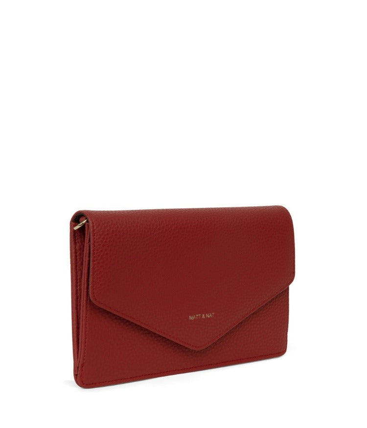 Matt & Nat CLOE Vegan Purity Wallet has a flap closure and a detachable wrist strap so you can use it as a wristlet. It is roomy enough to fit an iPhone 13 Pro Max as well as your necessities.