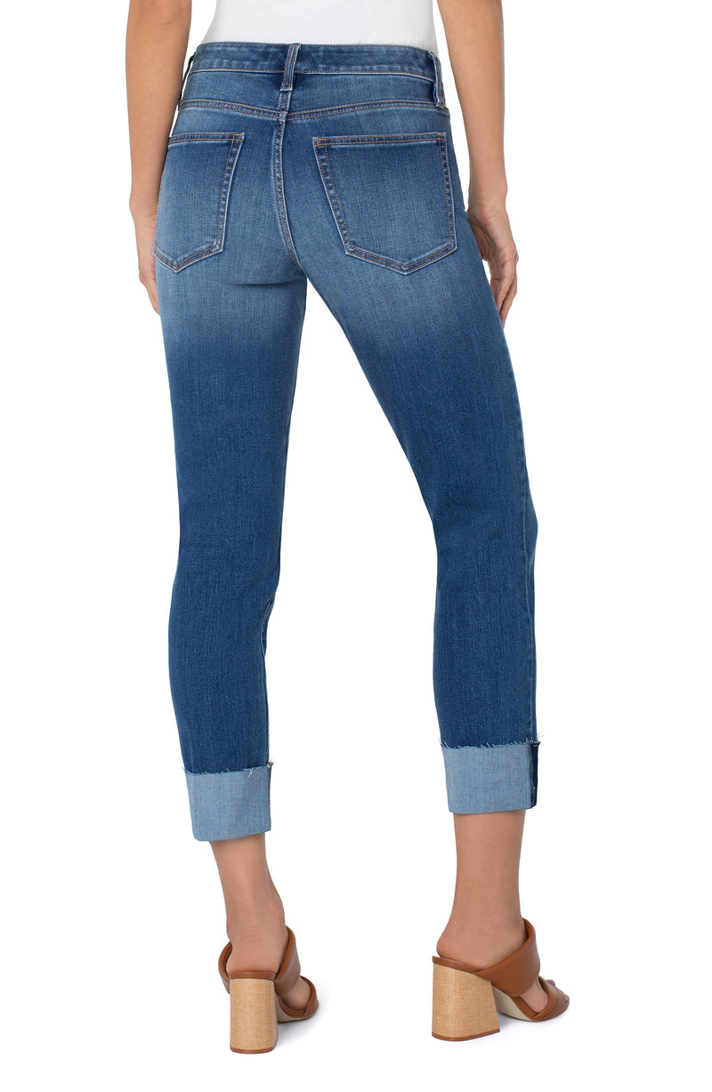 Liverpool Marley Girlfriend Jeans With Raw Cuff   Style: LM5602EF  Liverpool's Marley Girlfriend With Raw Cuff is a casual jean with excellent comfort and stretch.  Shown here with raw cut cuffed ankles, these will keep you looking trendy. This modern eco jean is designed using processes that give the same look while using less natural resources. 